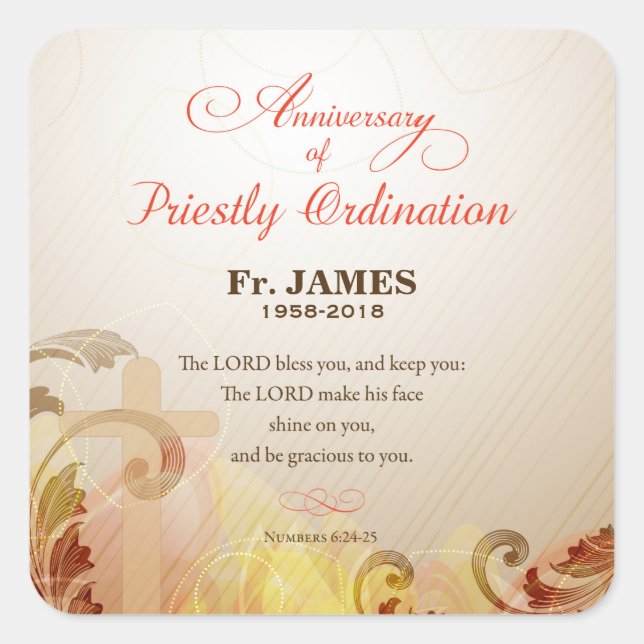 Custom Name & Year, 60th Priestly Ordination Square Sticker (Front)