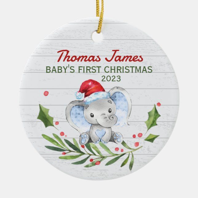 Custom Name Year Baby's First Christmas Elephant Ceramic Tree Decoration (Front)