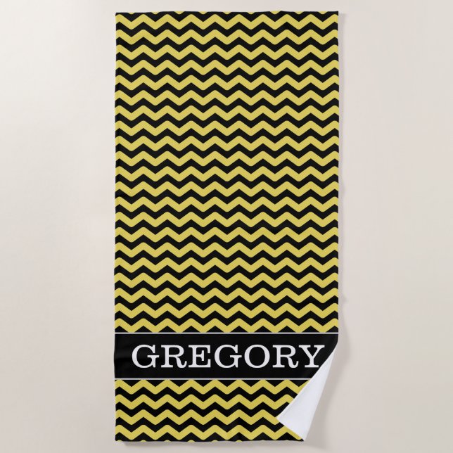 Custom Name + Yellow & Black Wavy Line Pattern Beach Towel (Front)