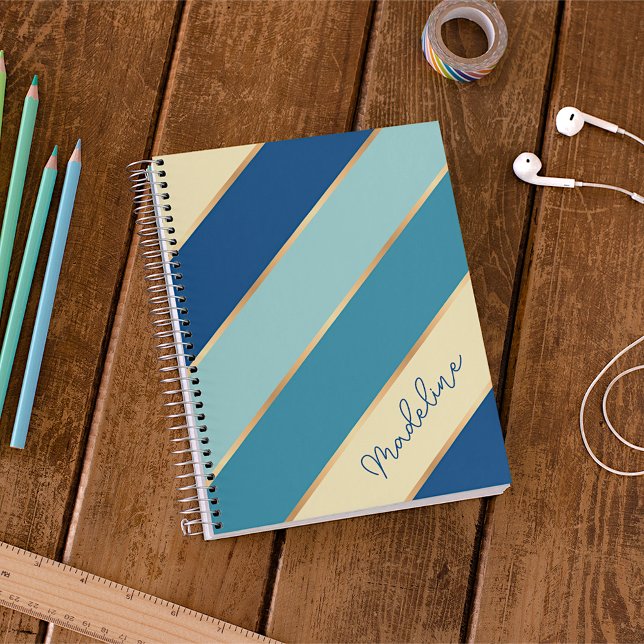 Custom Name Yellow Blue Teal Seafoam Green Stripes Notebook (Creator Uploaded)