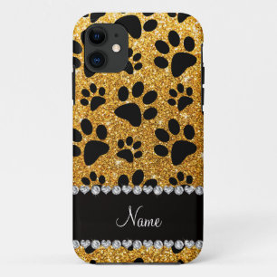 Custom name yellow glitter black dog paws iPhone 11 case
