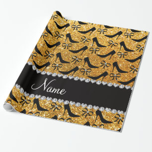 Custom name yellow glitter black high heels bow wrapping paper