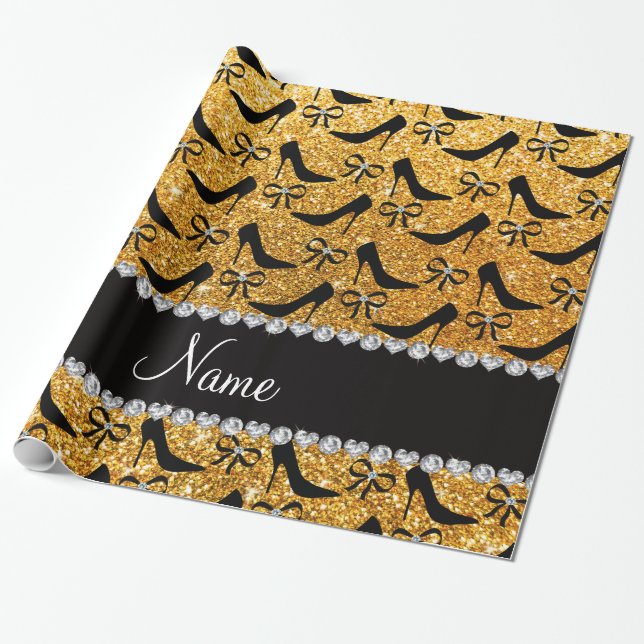 Custom name yellow glitter black high heels bow wrapping paper (Unrolled)
