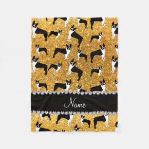 Custom name yellow glitter boston terrier fleece blanket