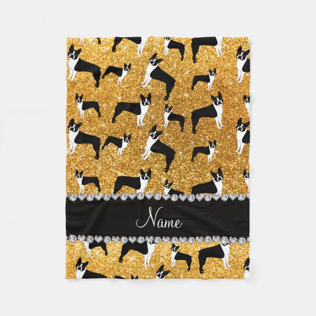 Custom name yellow glitter boston terrier fleece blanket (Front)