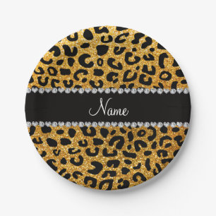 Custom name yellow glitter cheetah print paper plate