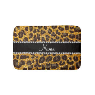 Custom name yellow glitter leopard print bath mat