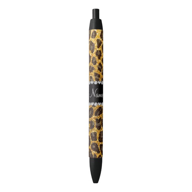 Custom name yellow glitter leopard print black ink pen (Front Vertical)