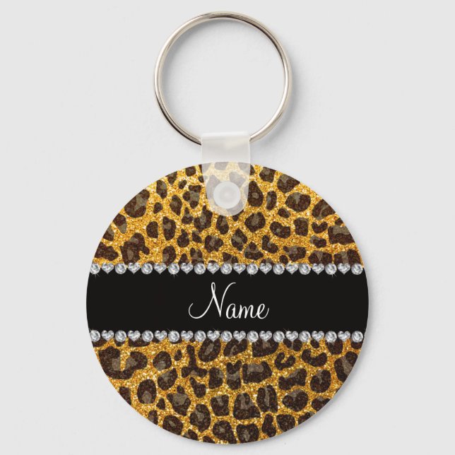 Custom name yellow glitter leopard print key ring (Front)