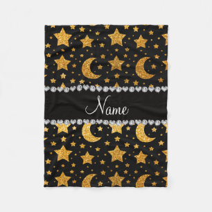 Custom name yellow glitter stars and moons fleece blanket
