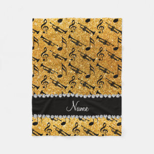 Custom name yellow glitter trumpets music notes fleece blanket