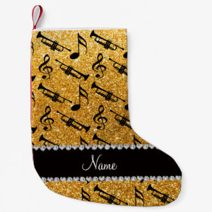 Custom name yellow glitter trumpets music notes small christmas stocking
