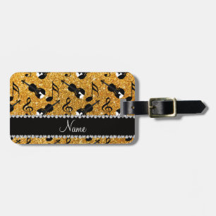 Custom name yellow glitter violins music notes luggage tag