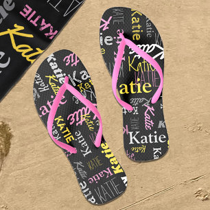 Custom name yellow pink grey black typographic jandals