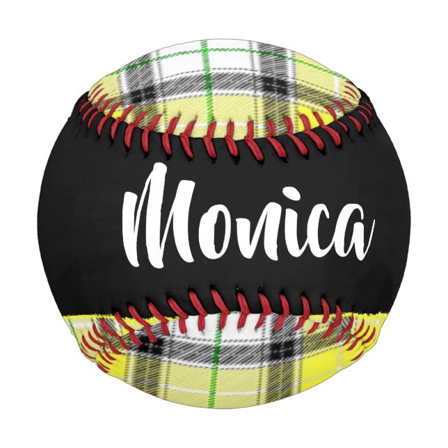 Custom name yellow plaid pattern baseball (Front)