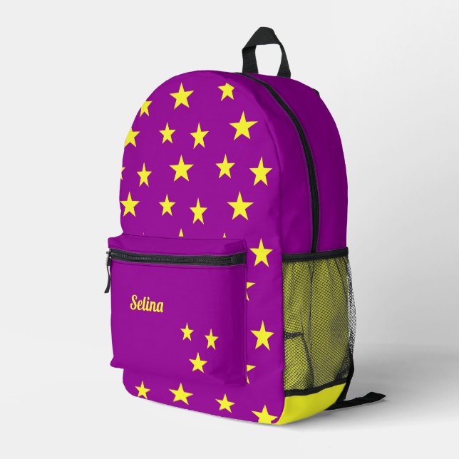 Custom name yellow stars on purple printed backpack (Back Corner Right)