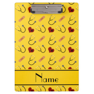 Custom name yellow stethoscope bandage heart clipboard