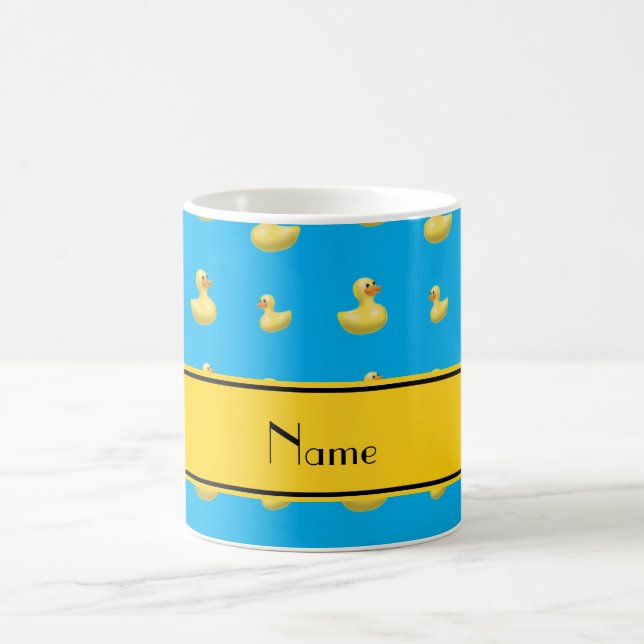 Custom name yellow stripe sky blue rubber duck coffee mug (Center)