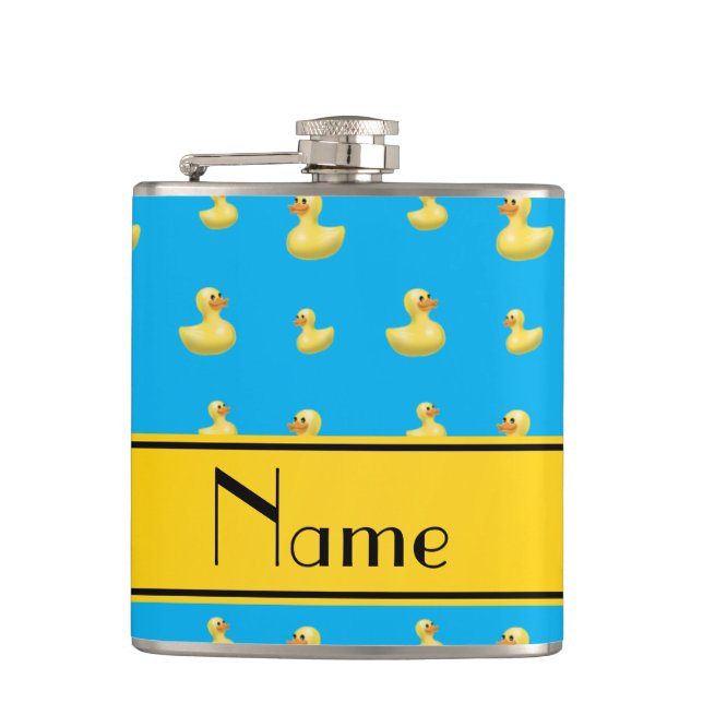 Custom name yellow stripe sky blue rubber duck hip flask (Front)