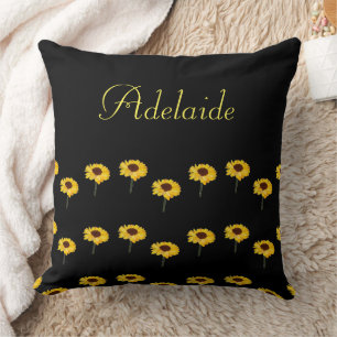 Custom name yellow sunflowers on black cushion