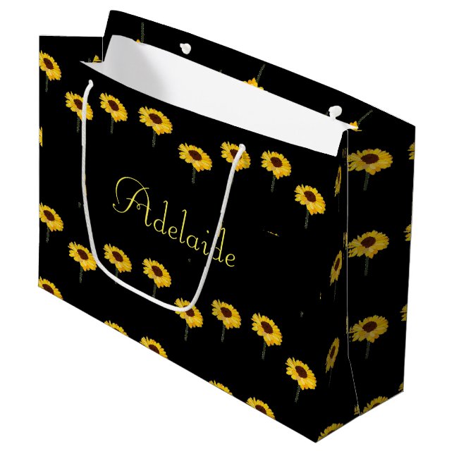 Custom name yellow sunflowers on black large gift bag (Front Angled)