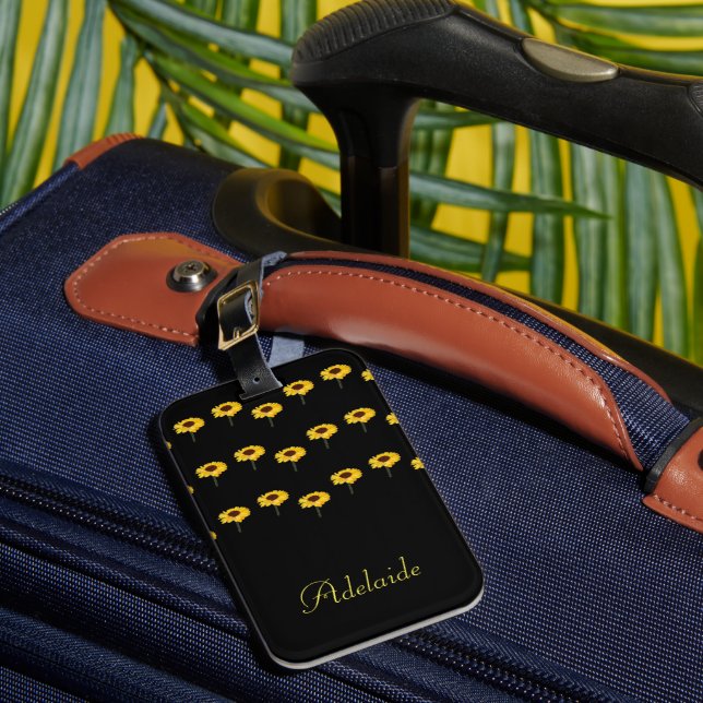 Custom name yellow sunflowers on black luggage tag (Front Insitu 1)