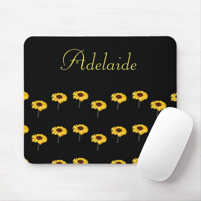 Custom name yellow sunflowers on black mouse pad (With Mouse)