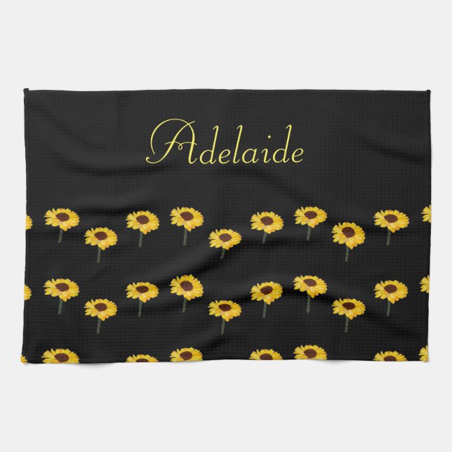 Custom name yellow sunflowers on black tea towel (Horizontal)