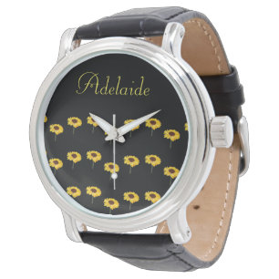 Custom name yellow sunflowers on black watch