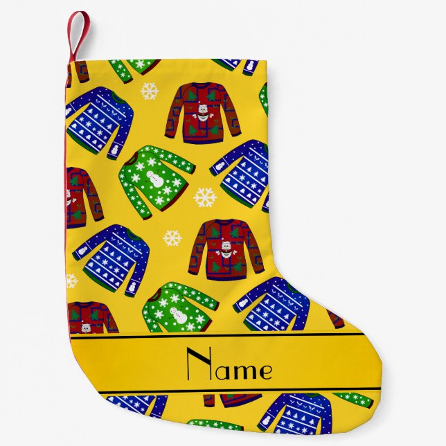 Custom name yellow ugly christmas sweater pattern small christmas stocking (Front)
