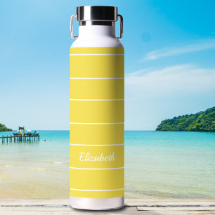 Custom Name Yellow White Striped Modern Pattern Water Bottle