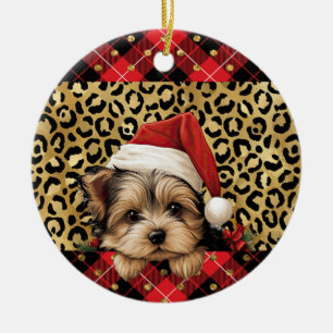Custom Name Yorkshire Terrier dog Santa hat Buffal Ceramic Tree Decoration