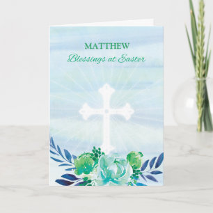 Custom Name You Teal Blue Flowers w/ Cross Easter Holiday Card