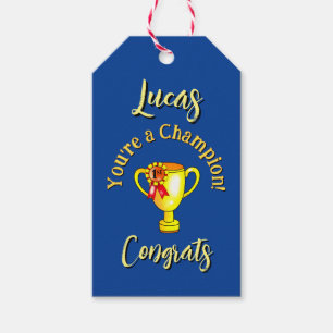 Custom Name "You're A Champion!" Gold Trophy Gift Tags