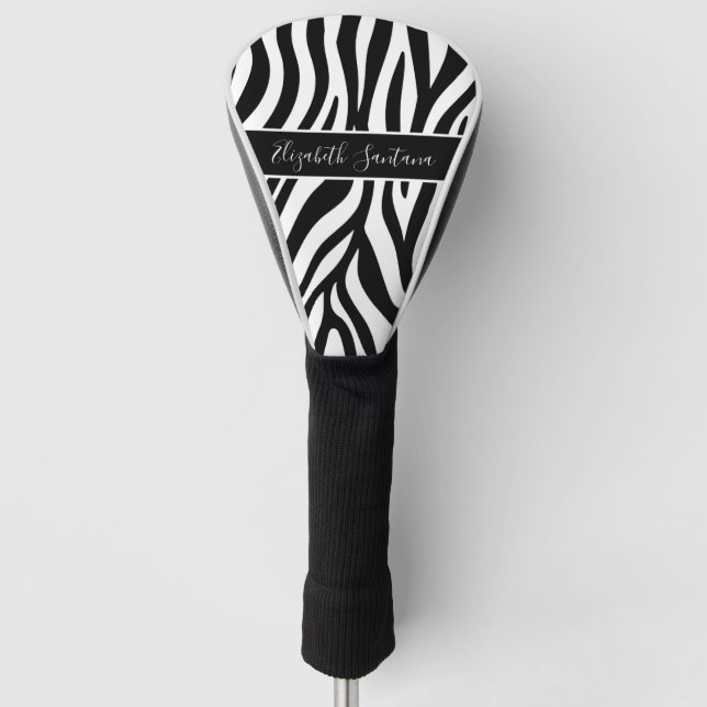 Custom Name Zebra Print | Bold Black and White Golf Head Cover (Front)