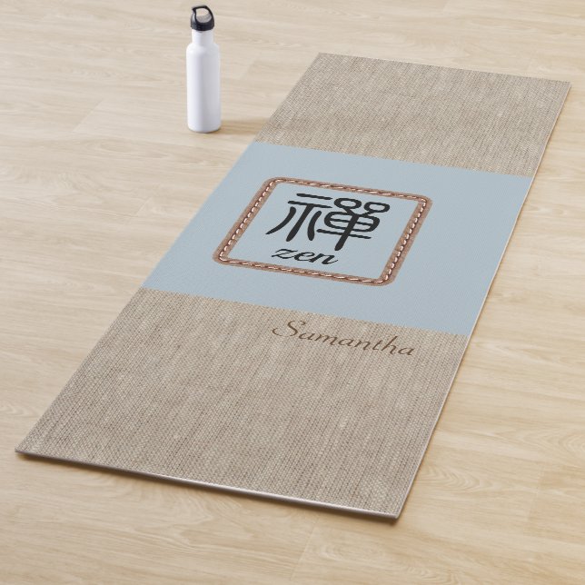 Custom name Zen blue brown burlap print yoga mat (In Situ)