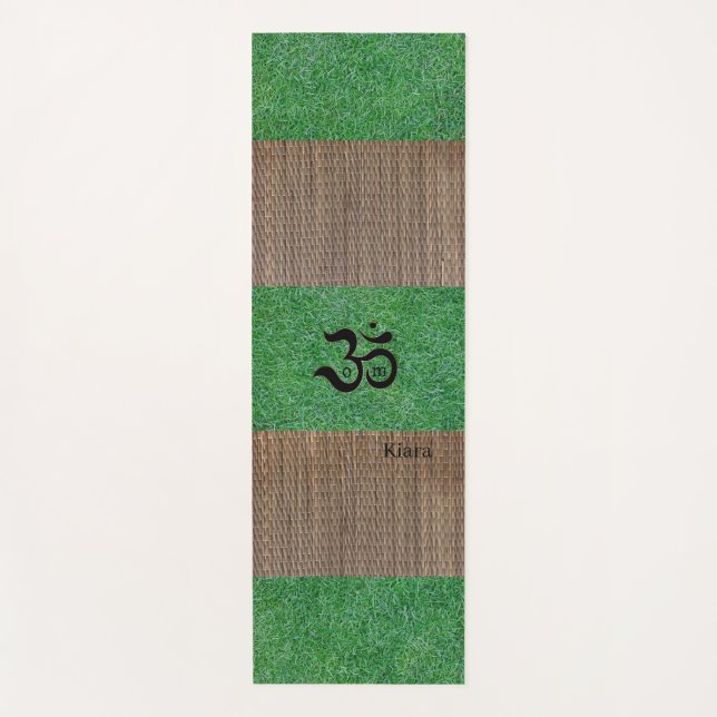 Custom Name Zen Om Green Grass Tatami Print Rustic Yoga Mat (Front)