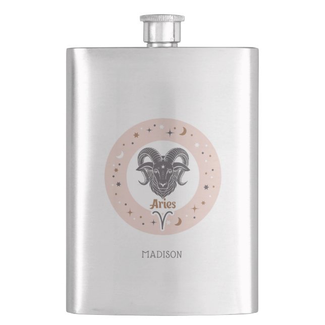 Custom Name Zodiac Sign Aries Hip Flask (Front)