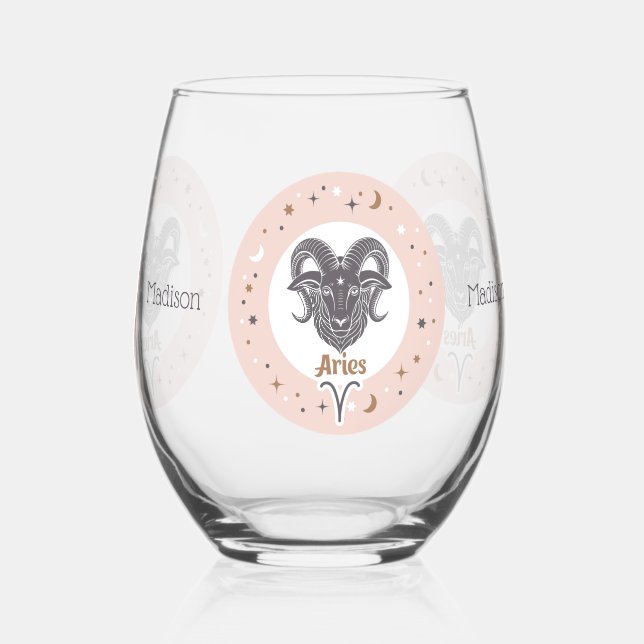 Custom Name Zodiac Sign Aries Stemless Wine Glass (Back)