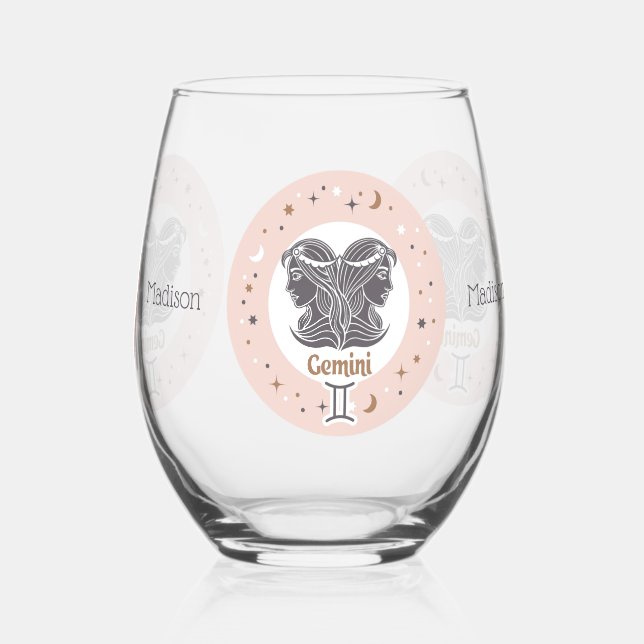Custom Name Zodiac Sign Gemini Stemless Wine Glass (Back)