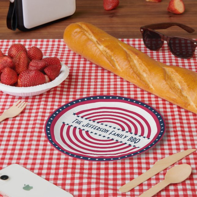Custom Named 4th July Patriot Red White Blue Paper Plate (Picnic)