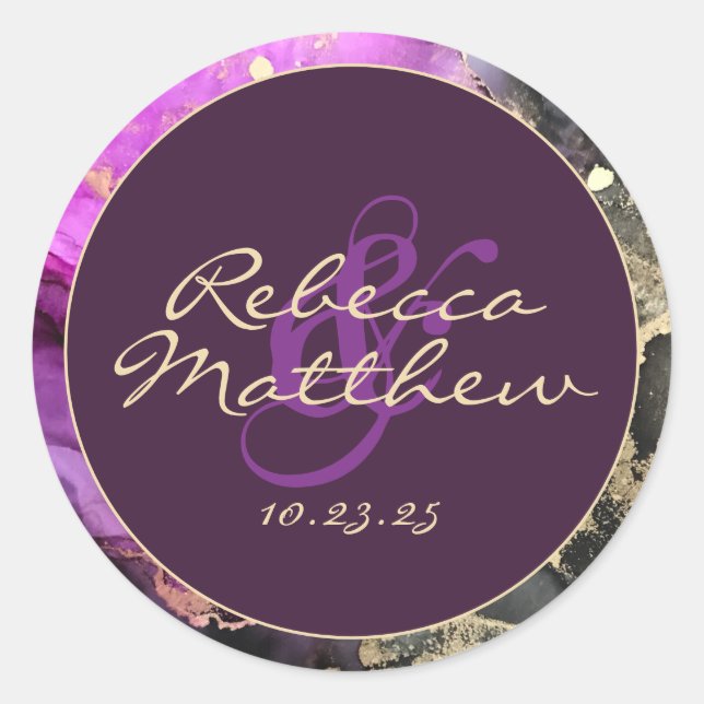 Custom Named Black Gold Purple Classic Round Sticker (Front)