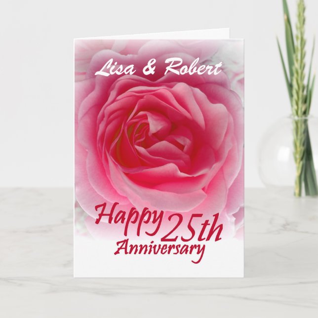 CUSTOM NAMES - 25th Anniversary with Pink Rose Card (Front)