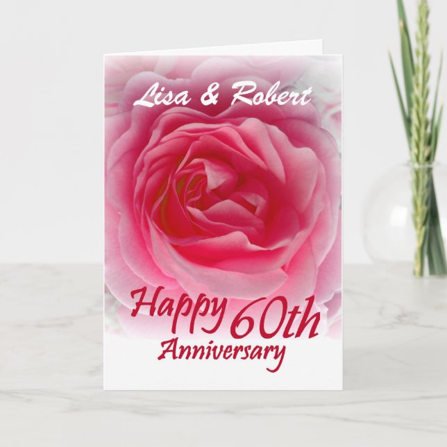 CUSTOM NAMES - 60th Anniversary with Pink Rose Card (Front)