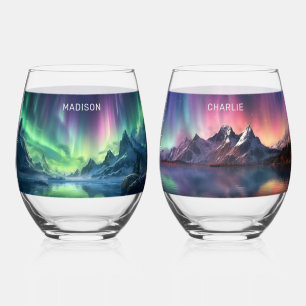Custom Names Aurora Borealis Stemless Wine Glass