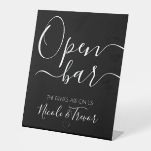 Custom Names Black Calligraphy Open Bar Pedestal Sign