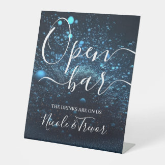 Custom Names Blue Bokeh Dust Wedding Open Bar Pedestal Sign