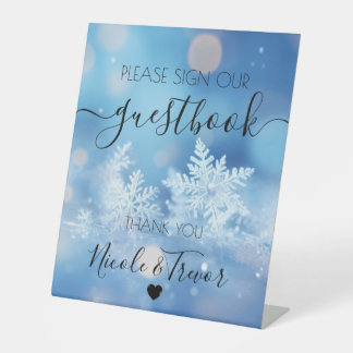Custom Names Blue Snow Calligraphy Sign Guestbook