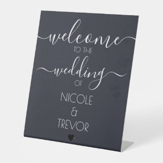 Custom Names Dark Grey Wedding Welcome Pedestal Sign