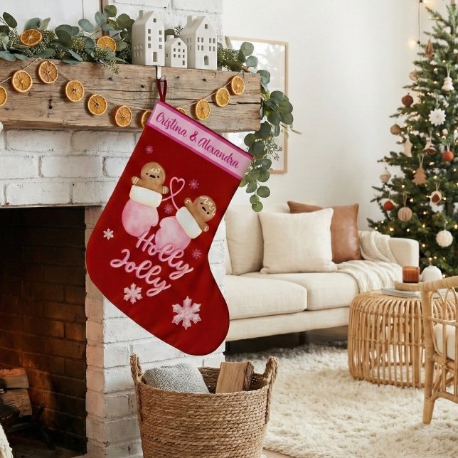 Custom Names Gingerbread Girls Holly Jolly Large Christmas Stocking (Creator Uploaded)